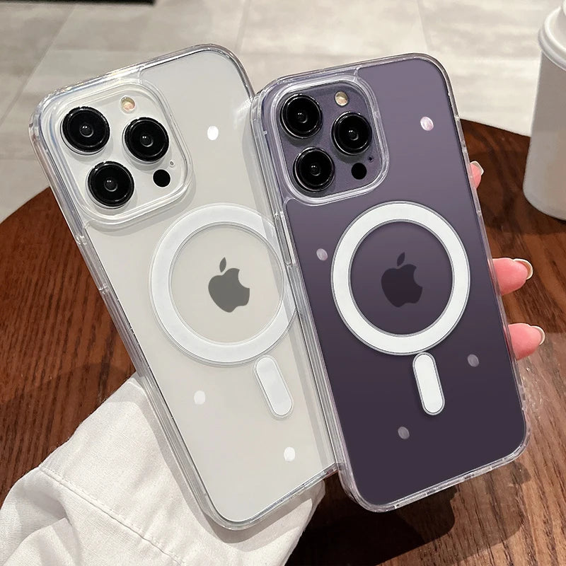 Magesafe magnético transparente caso de carga inalámbrica para iPhone 11 12 13 14 15 16 Pro Max Plus Mini X 7 8 cubierta de PC a prueba de golpes