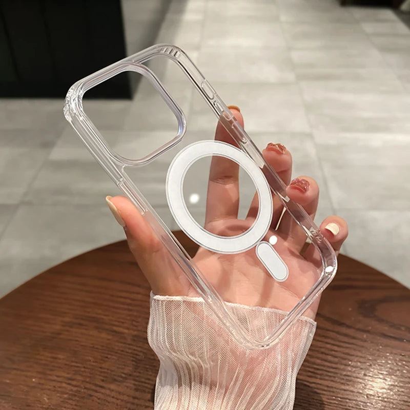 Magesafe magnético transparente caso de carga inalámbrica para iPhone 11 12 13 14 15 16 Pro Max Plus Mini X 7 8 cubierta de PC a prueba de golpes