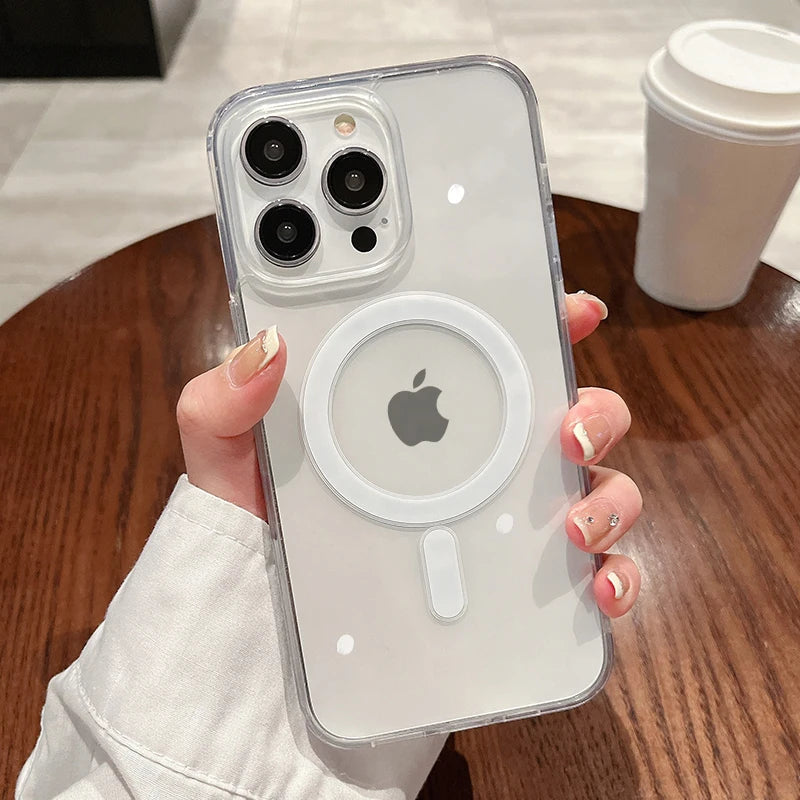 Magesafe magnético transparente caso de carga inalámbrica para iPhone 11 12 13 14 15 16 Pro Max Plus Mini X 7 8 cubierta de PC a prueba de golpes