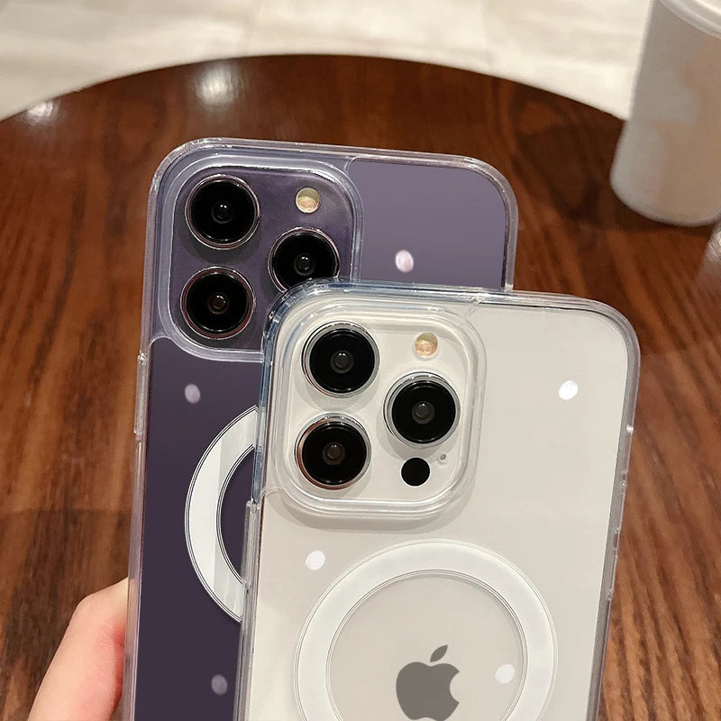 Magesafe magnético transparente caso de carga inalámbrica para iPhone 11 12 13 14 15 16 Pro Max Plus Mini X 7 8 cubierta de PC a prueba de golpes