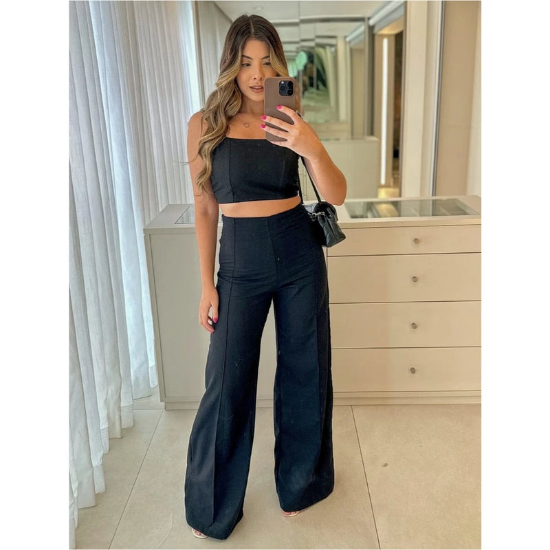 Conjunto Casual Chic em Linho com Calça Wide Leg Pantalona e Blusa Regata